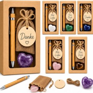 6 Thank You Gift Set - Farewell Gift for Colleagues, Teachers & Friends - Ballpoint Pen with Heart Lucky Stone, Jute Bag & Wooden Pendant - Small Gift for Office, Team & Retirement