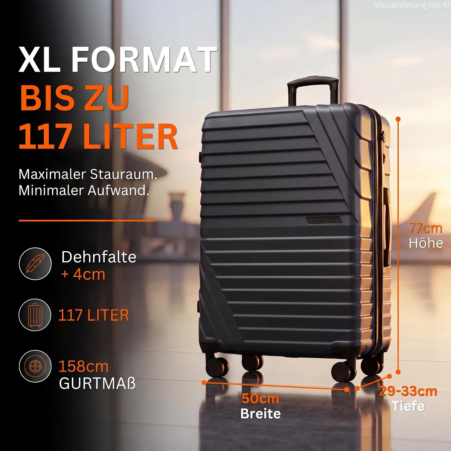 Hard Case XL Large - 100L Volume Expandable to 117L - 158 cm Belt Size - 8 Wheels 360° Rotatable - Lightweight Suitcase with TSA Lock & Telescopic Rods - Travel Suitcase with Wheels (Anthracite, XL) – Bild 3