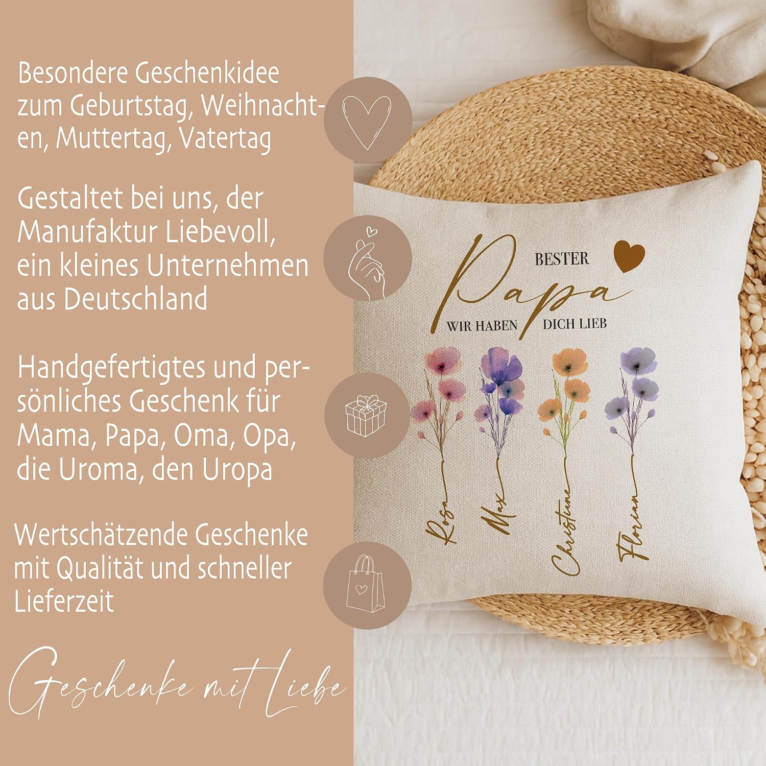 Manufaktur Liebevoll Personalised Cushion with Name, Best Mum Gift for Mum, Family Cushion with Watercolour Flowers, Gift Family (Best Mum) – Bild 7