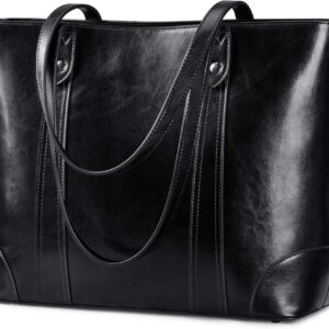 S-ZONE Women’s Shoulder Bag 15.6 Inch Laptop Bag Large Leather Shopper Work Bag Shoulder Bag Handbag with Padded Laptop Compartment