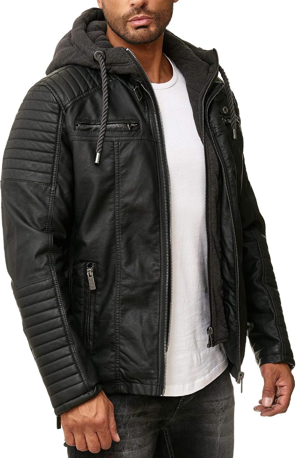 Redridge Robust Faux Leather Biker Jacket with Removable Hood – Bild 3