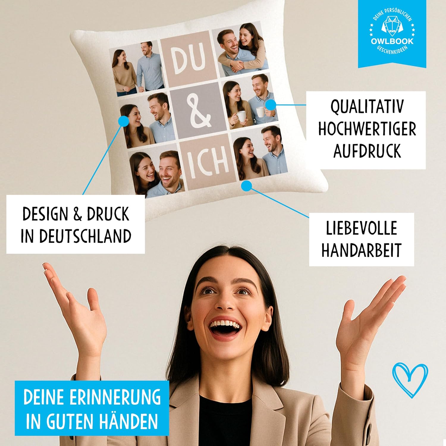 OWLBOOK Personalised Photo Cushion with 6 Photos & Text | Du & Ich Partner Gifts for Him and Her Couples with Own Photo as Valentine's Day Gift Cushion 40 x 40 plus Filling – Bild 2