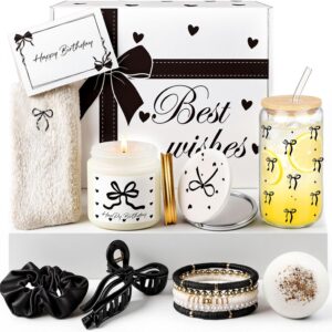 Elegant Birthday Gift for Women – Black Bows Gift Box as Exclusive Wellness Gift Set with Scented Candle, Bath Bomb & Stylish Beauty Accessories