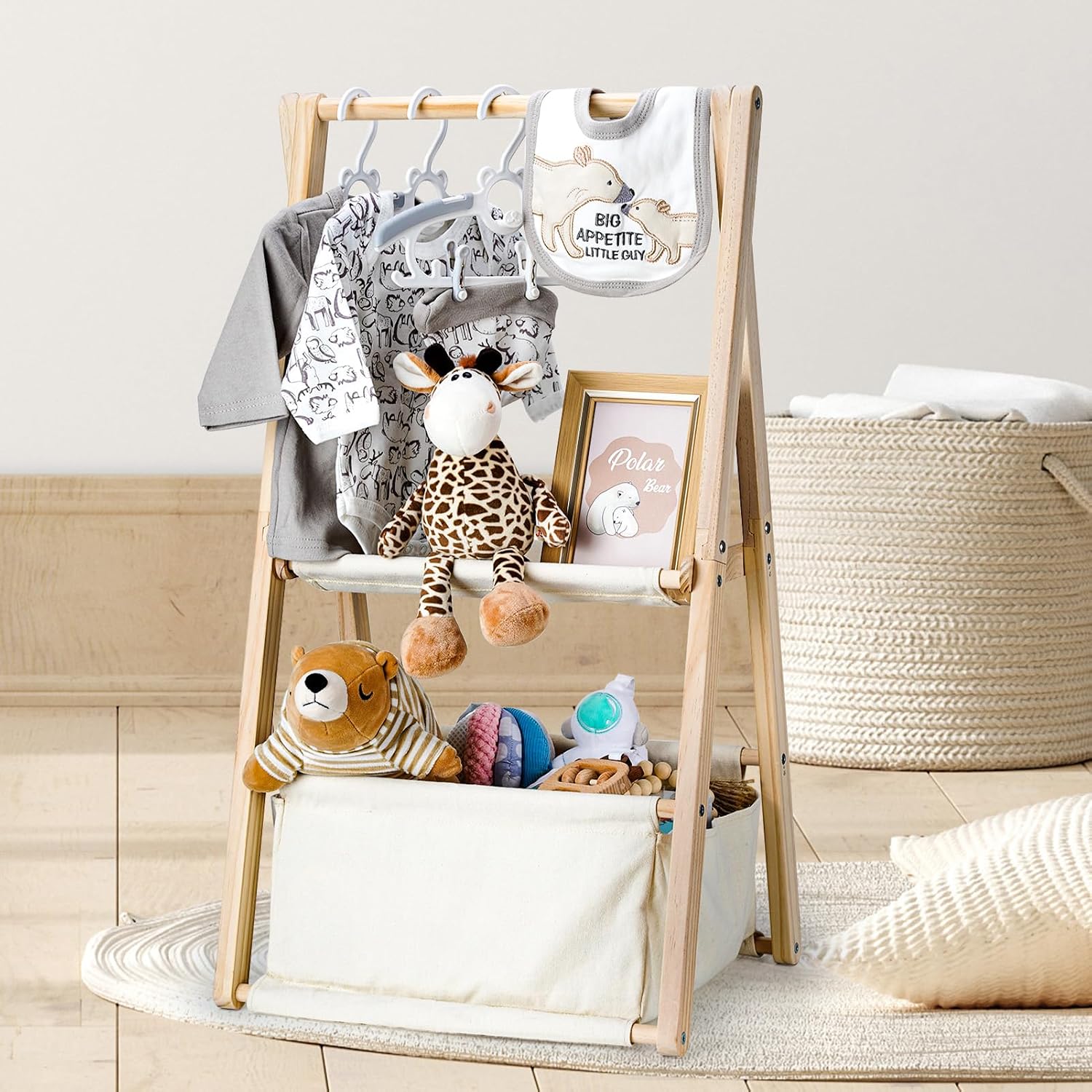 GiftAmaz Wooden Baby Basket for Baby Shower, Two-Tier Gift Basket Baby, Baby Storage Box Made of Wood with Hangers, Baby Shower Decoration, Baby Gift for Birth for Expecting Parents