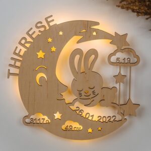 LAUBLUST Snooze Light Moon Rabbit - Personalised Baby Gift for Birth & Christening | LED Lighting - 2 Sizes | 3 Colours: Natural, White, Grey - Gifts for Christmas