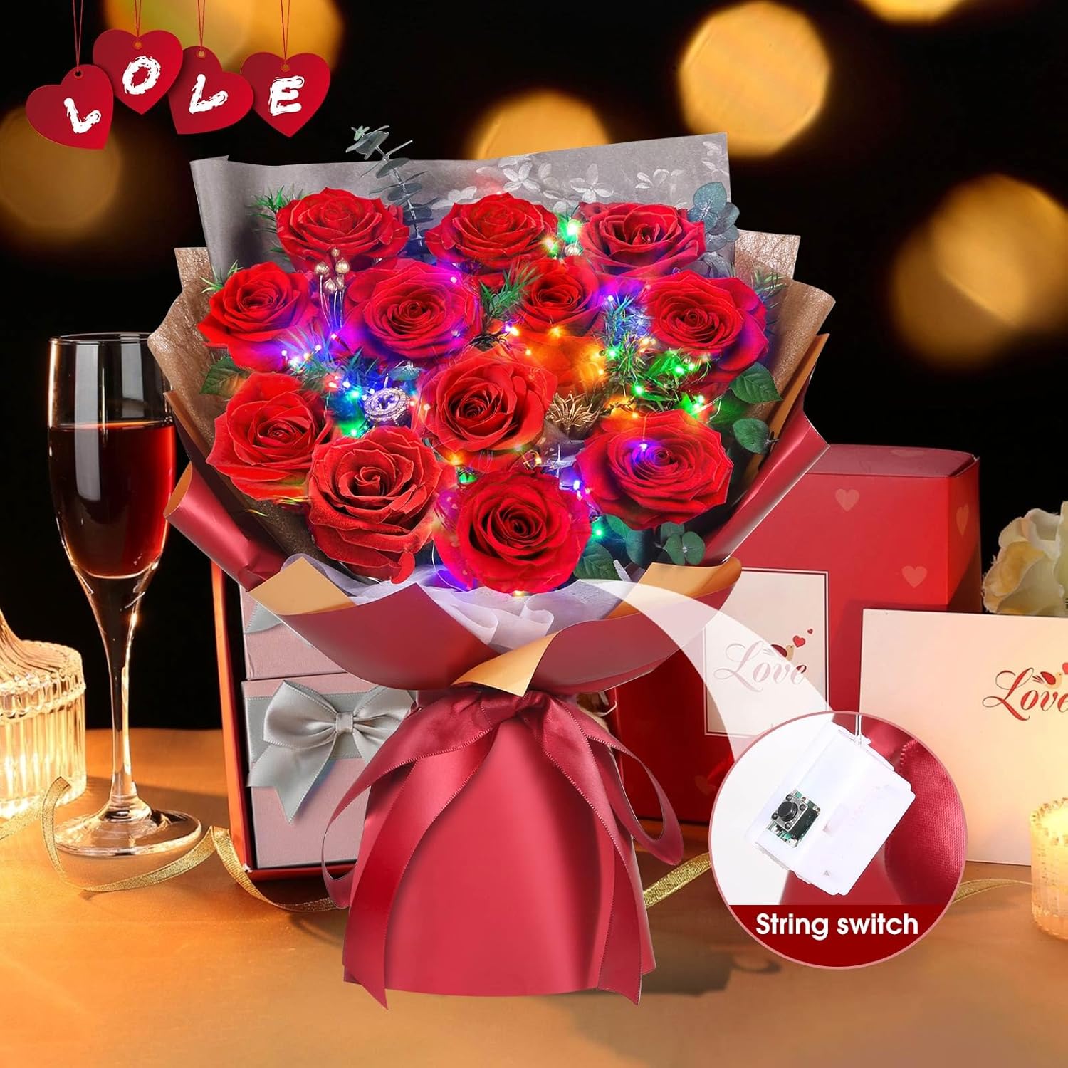 ADDWel Eternal Rose Bouquet with 12 Real Preserved Red Roses Infinity Bouquet with LED Gift for Her Women Girlfriend Mum Wife for Birthday Mother's Day Anniversary Christmas – Bild 2