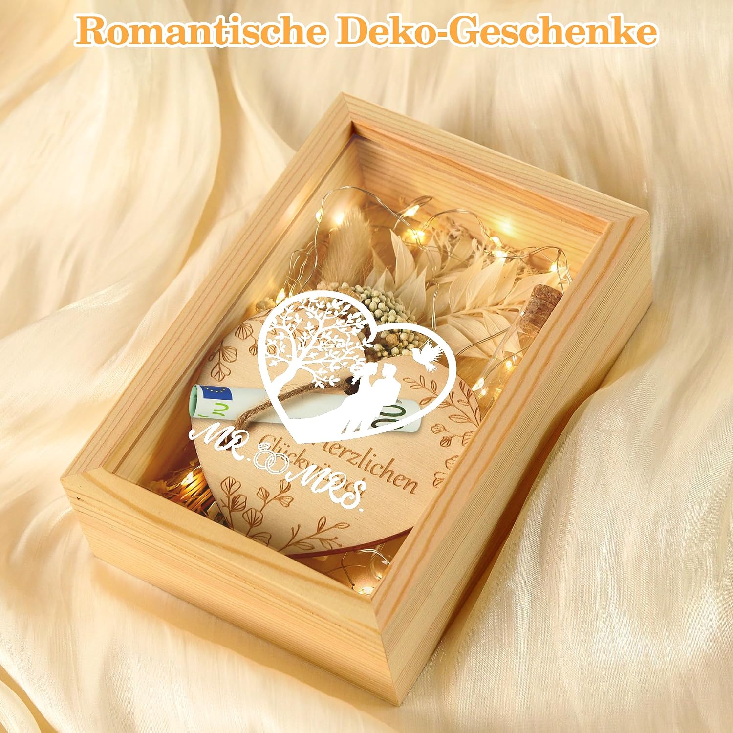 Wedding Gifts for Newlyweds, Money Gift, Wedding, Love, Romantic Gift for Her, Wedding Gifts, Dried Flowers, Wooden Box, Fairy Lights, Greeting Card, Glass Bottle, Wedding Anniversary – Bild 7