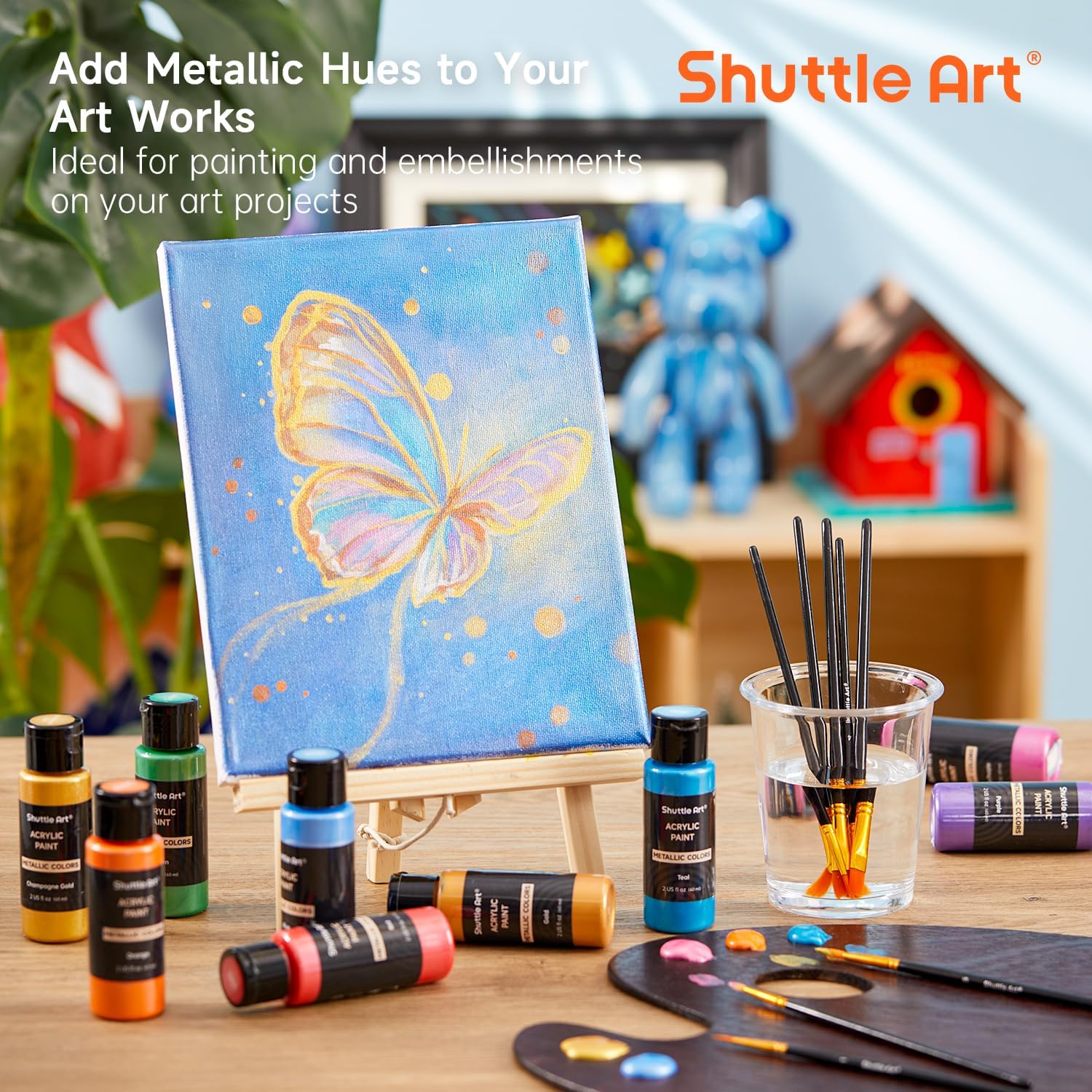 Shuttle Art 20 x 60 ml Metallic Acrylic Paint Set with 10 Brush Set and 1 – Bild 2