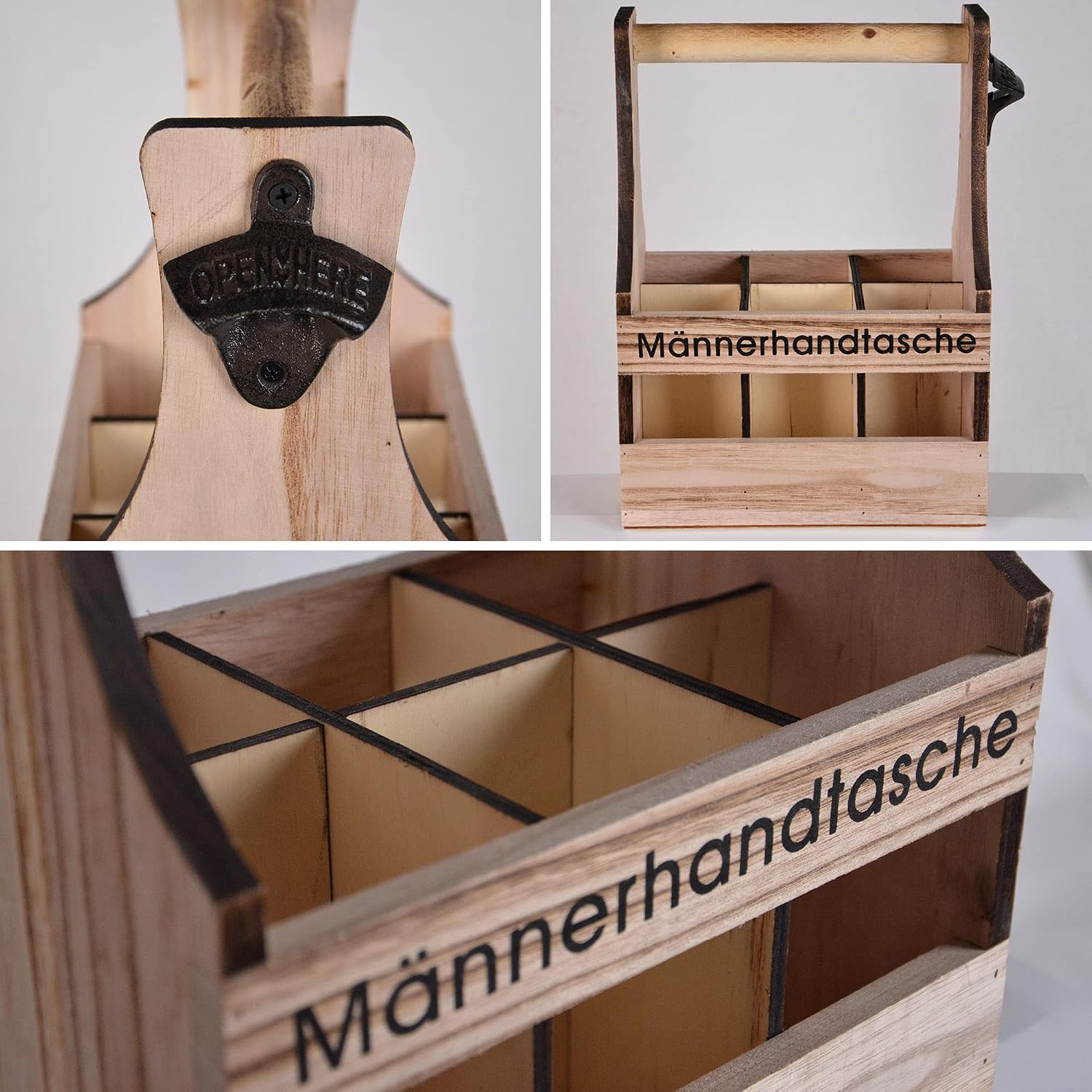 UNUS Home Men's Handbag, Beer, Wooden Bottle Carrier for 6 Bottles, Beer Carrier with Bottle Opener, Gift Idea Men, Birthday, Father's Day – Bild 4