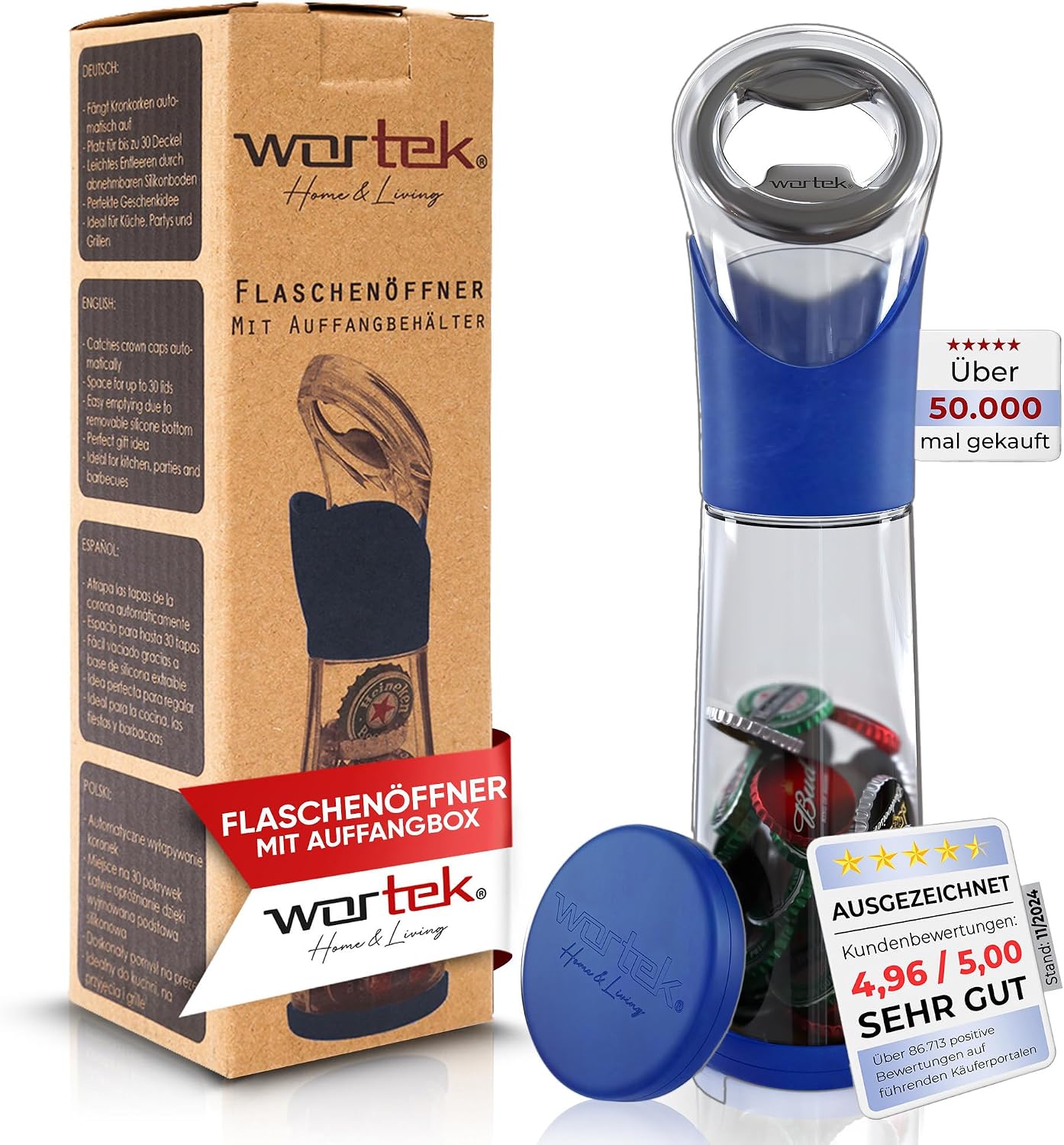 wortek Bottle Opener with Collection Container - Beer Opener Beer Bottle Opener Drinks Opener with Bottle Caps Collector Bar Kitchen Camping Accessories - Birthday Gift for Men Gift Beer Lovers Blue – Bild 9