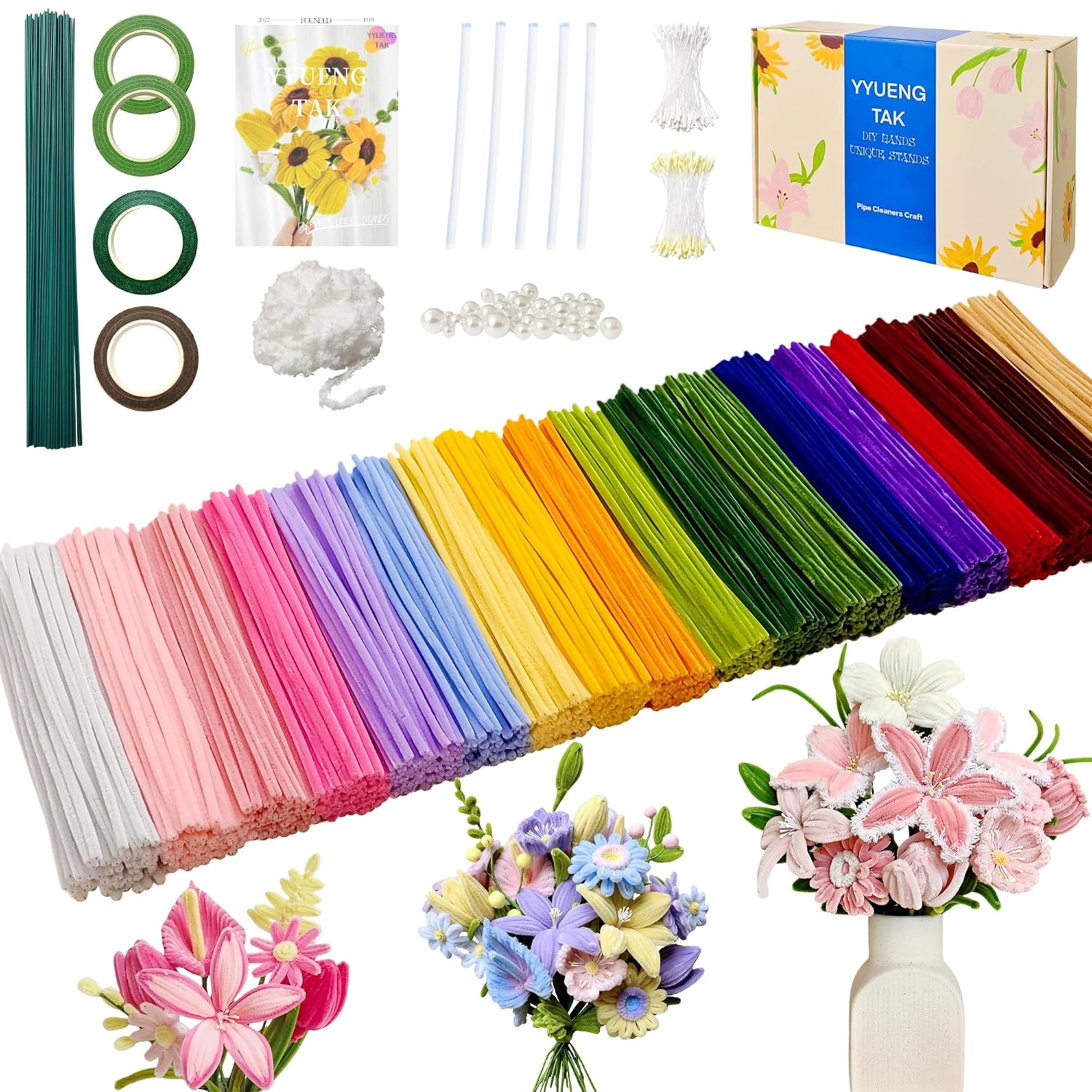 YYUENGTAK 1000 Pieces Pipe Cleaners Flower Set, Pipe Cleaners for Crafts, 18 Colours Chenille Stems (Pipe Cleaner) with Complete Accessory Set & Instructions, Creative Supplies, DIY Art Projects & Creative Gift