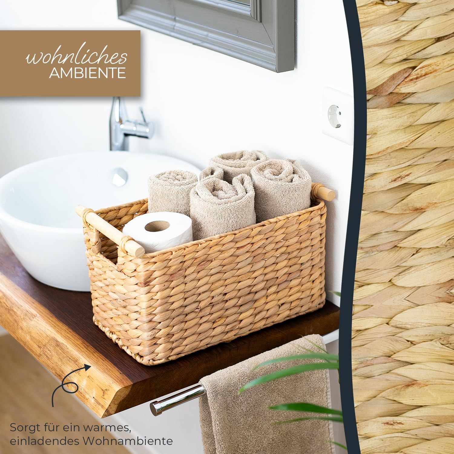 HMF Water Hyacinth Woven Storage Basket with Wooden Handles for Bathroom, Kitchen and Living Area, 37 x 22 x 20 cm, Natural – Bild 4