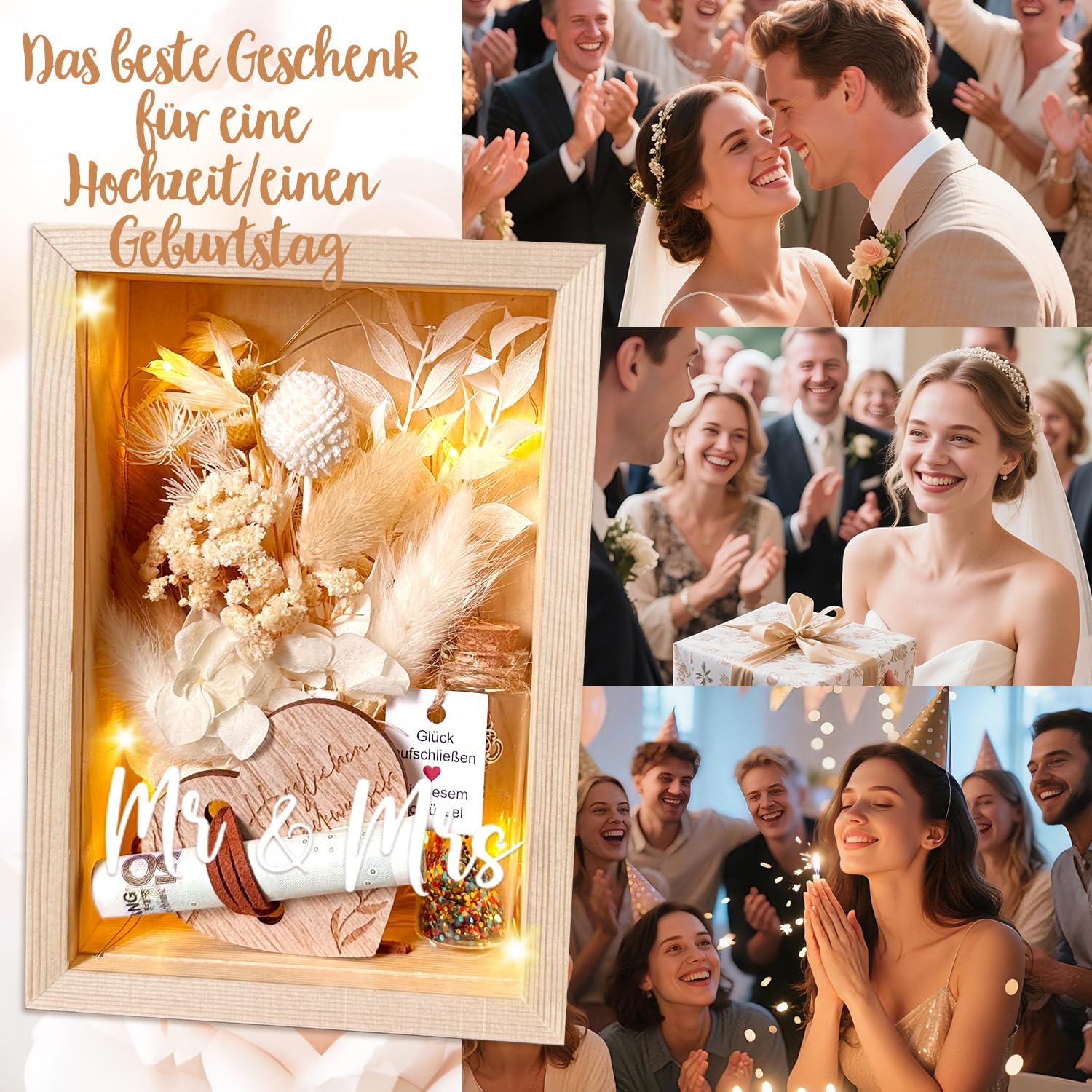 Wedding Gifts for Newlyweds, Money Gifts, Wedding, Love, Romantic Gift for Her, Includes Eternal Flowers, Wooden Box, Plastic Test Tube, Fairy Lights, Key Gift Box – Bild 6