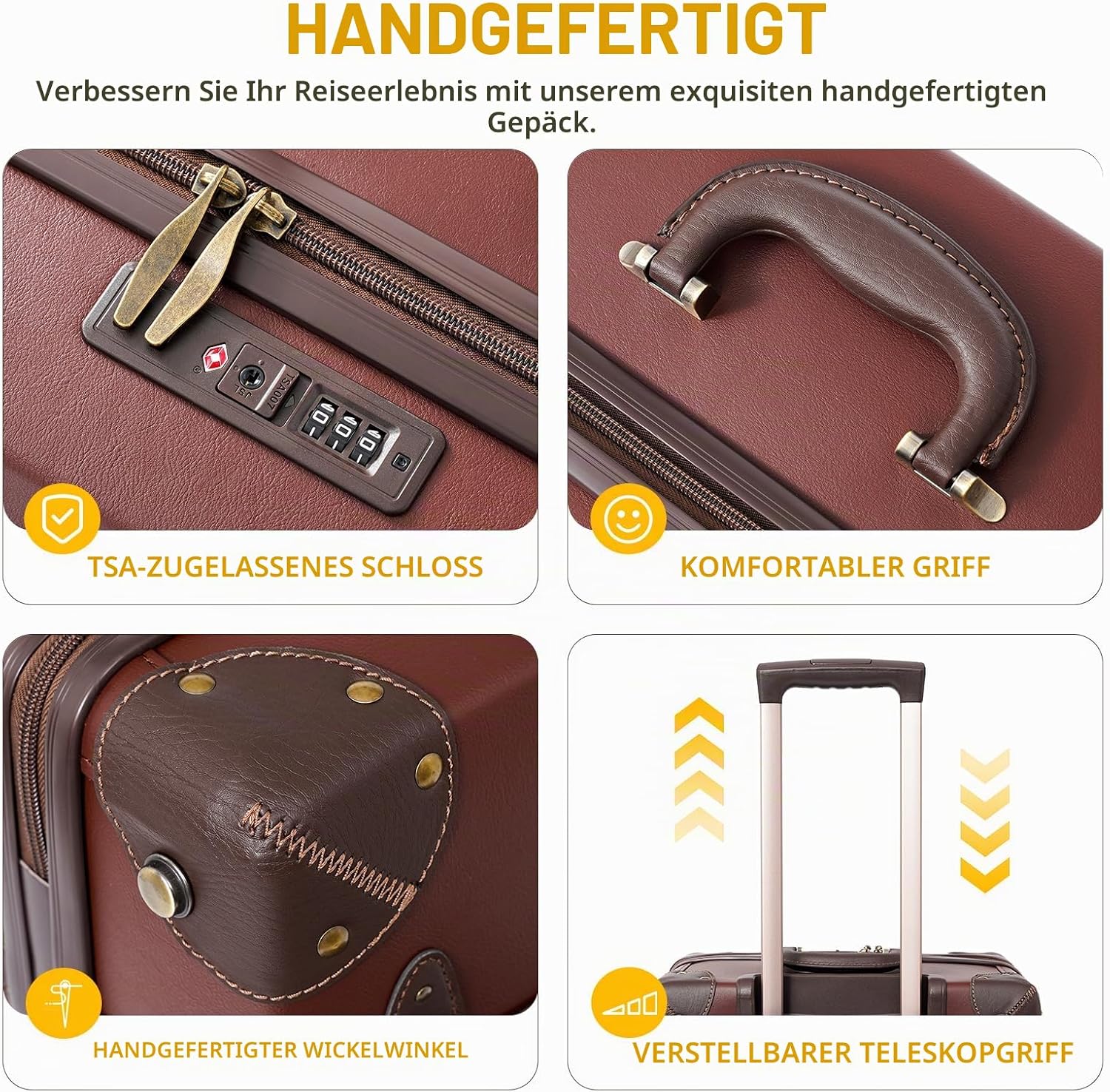 Urecity Vintage Travel Suitcase Set 2-Piece Lightweight Retro Leather Suitcase Hard Shell Trolley Hand Luggage Sets with TSA Lock and 8 Wheels (Caramel Brown, S (14 inches) + XL (28 inches)) – Bild 8