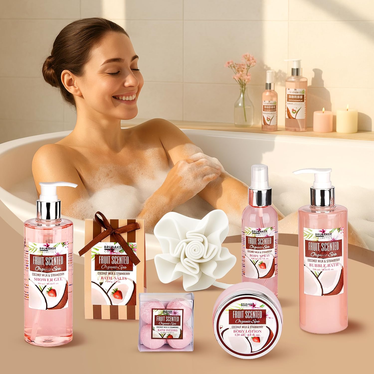 Brubaker Cosmetics Bath and Shower Set Coconut and Strawberry Fragrance 10 Piece Gift Set in Vintage Tub – Bild 3