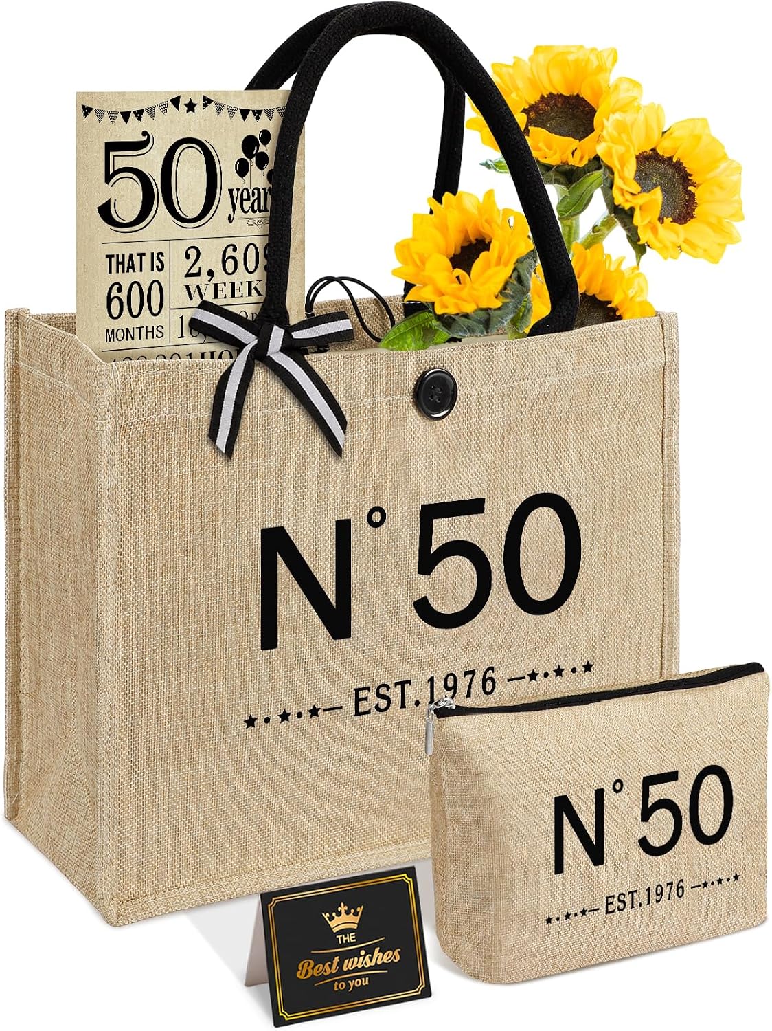 Gifts for 50th Birthday Woman - N ° 50 Jute Tote Bag, Cosmetic Bag