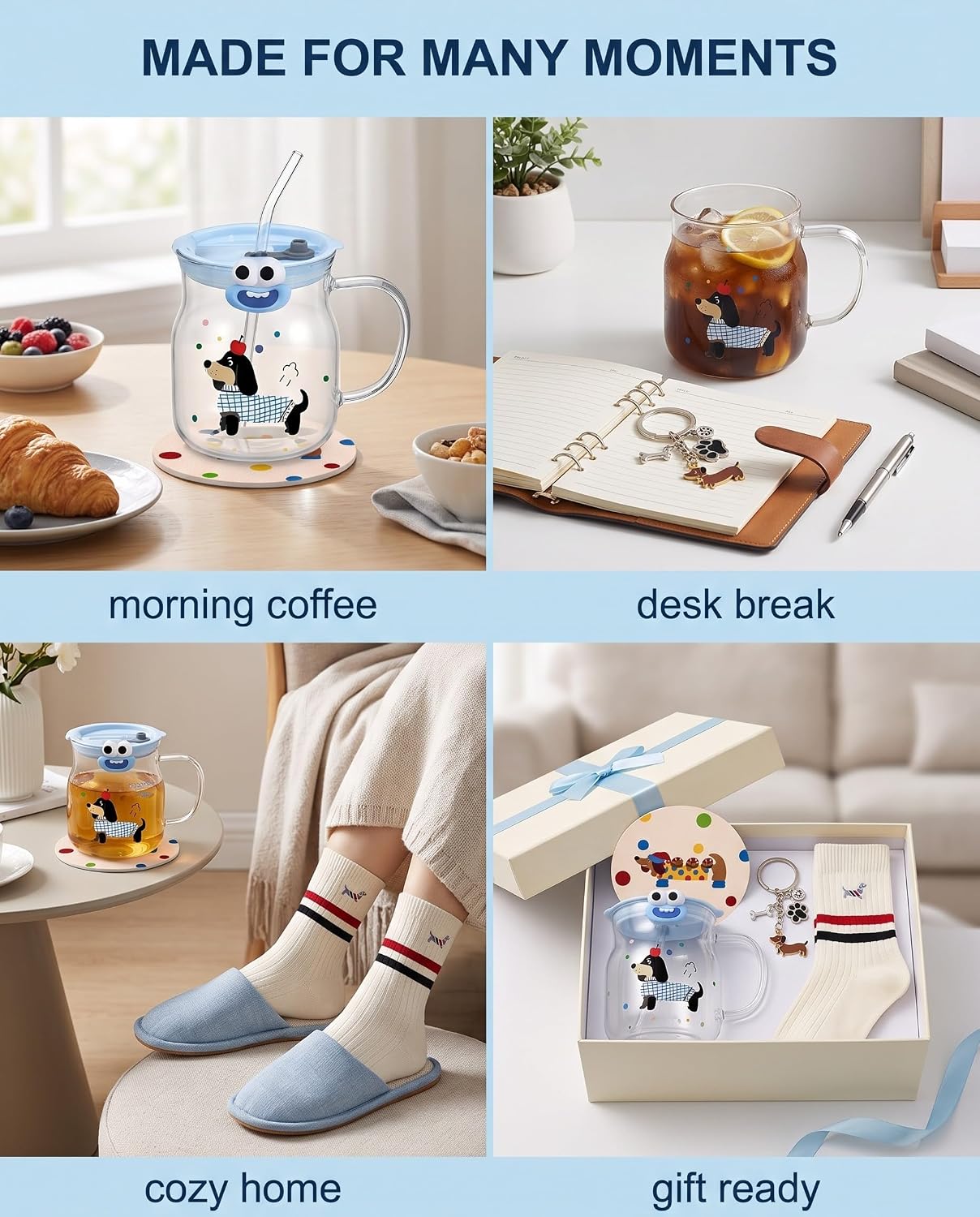 Dachshund Gift Set 4 Pieces - 600ml Dachshund Cup Glass with Lid and Straw, Coaster, Socks, Keychain - Dachshund Gifts for Coffee, Tea and Iced Coffee – Bild 5