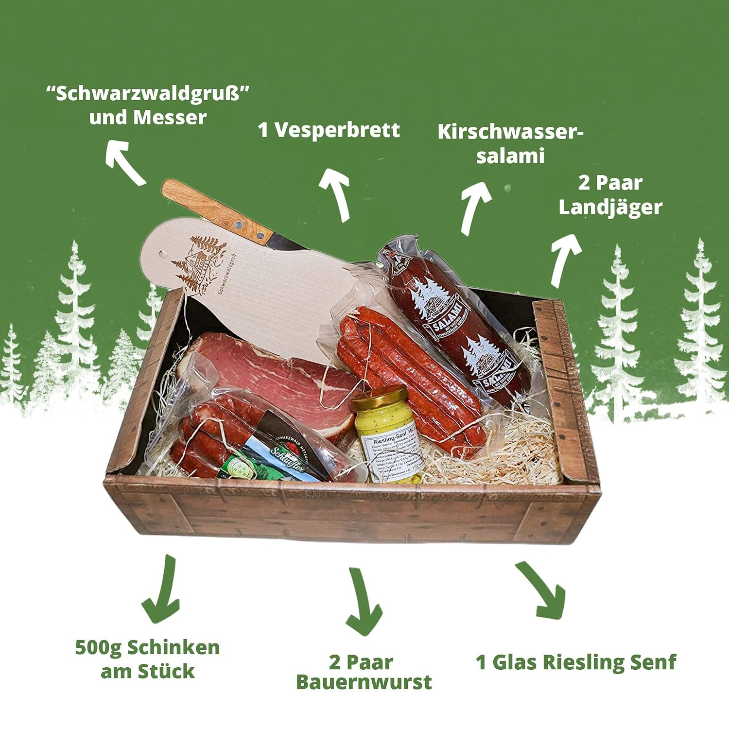 Black Forest Butcher Shop Gift Basket "Nostalgia - 6-Piece Gift Basket with Delicious & Savoury Sausage Specialities such as Black Forest Ham or Country Hunter, Chopping Board & Knife and Gourmet – Bild 2