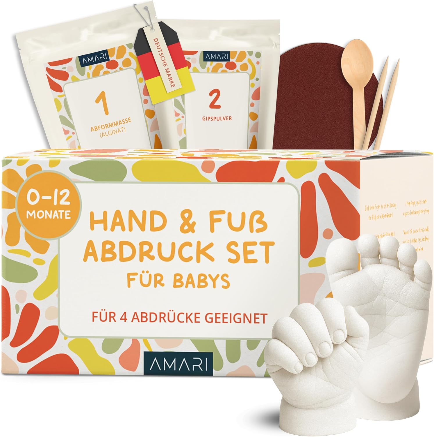 Amari ® Baby Plaster Cast Set - Baby Handprint and Footprint Set with High-Quality Packaging - Memory for Eternity - Includes Plaster, Moulding Material and Instructions - Birth Gift