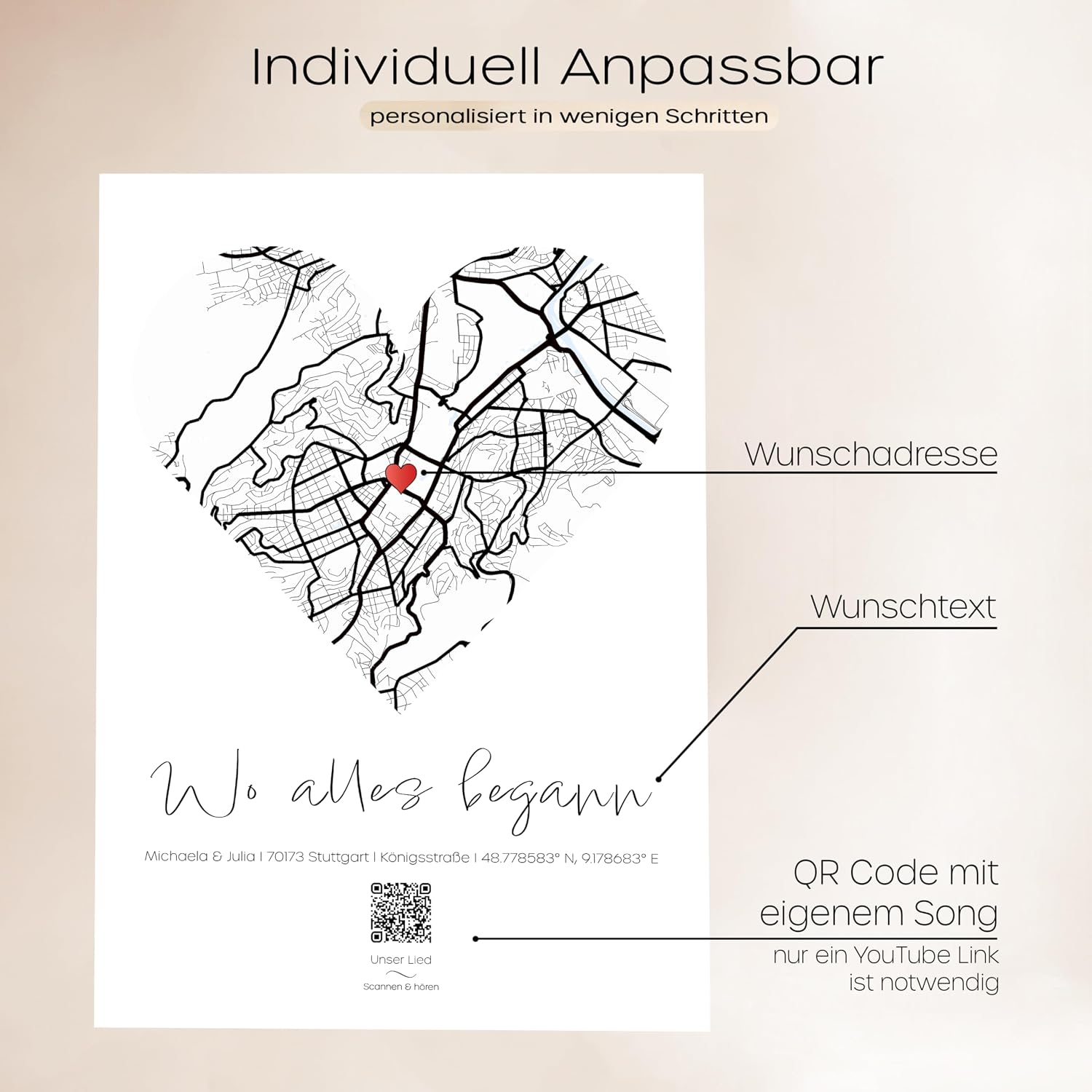 DUOMIO Where It All Started - Personalized Poster with QR Code to Song | Heart Map with Location | Coordinates, Name & Photo | Gift for Couples, Anniversary, Valentine's Day, Wedding – Bild 2