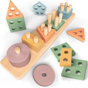 Sweety Fox Montessori Stacking and Sorting Toy, 1/2/3 Years, Wooden Activity and Development Toy in Pastel Colours, Montessori Games for Toddlers from 1 Year of Age