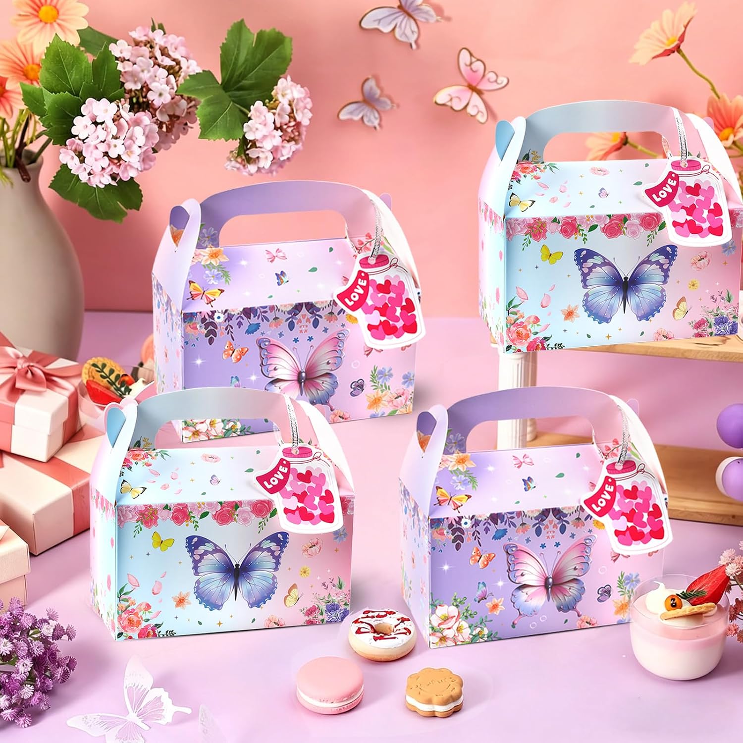 Wlicon Pack of 24 Butterfly Party Boxes Butterfly Candy Paper Boxes Gift Boxes with Handle for Cake Biscuits Birthday Party Baby Shower Wedding Decorations – Bild 5