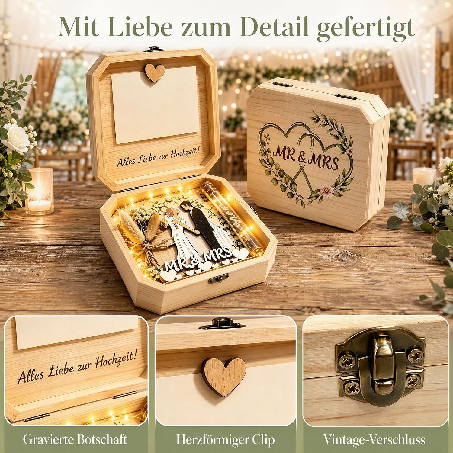Money Gift Wedding Wooden Gift Box with LED Fairy Lights, Wedding Gifts for Bride and Groom, Wedding Card, Romantic Wedding Gift Packaging, Decorative Gift Box, Wedding – Bild 3