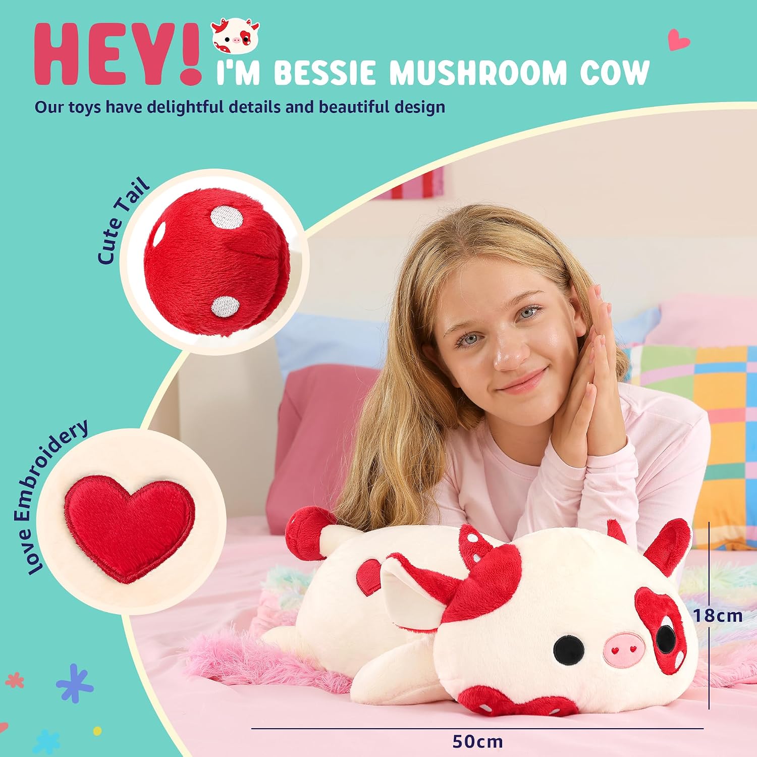 shownicer Heat Cushion Soft Toy Cow 1.7 kg Heat Cuddly Toy Cow Warming in the Microwave Warming Plush Cushion Weight Animals Plush Toy Cow Gift for Adults Children 3+ Years (Red, 50 cm) – Bild 5