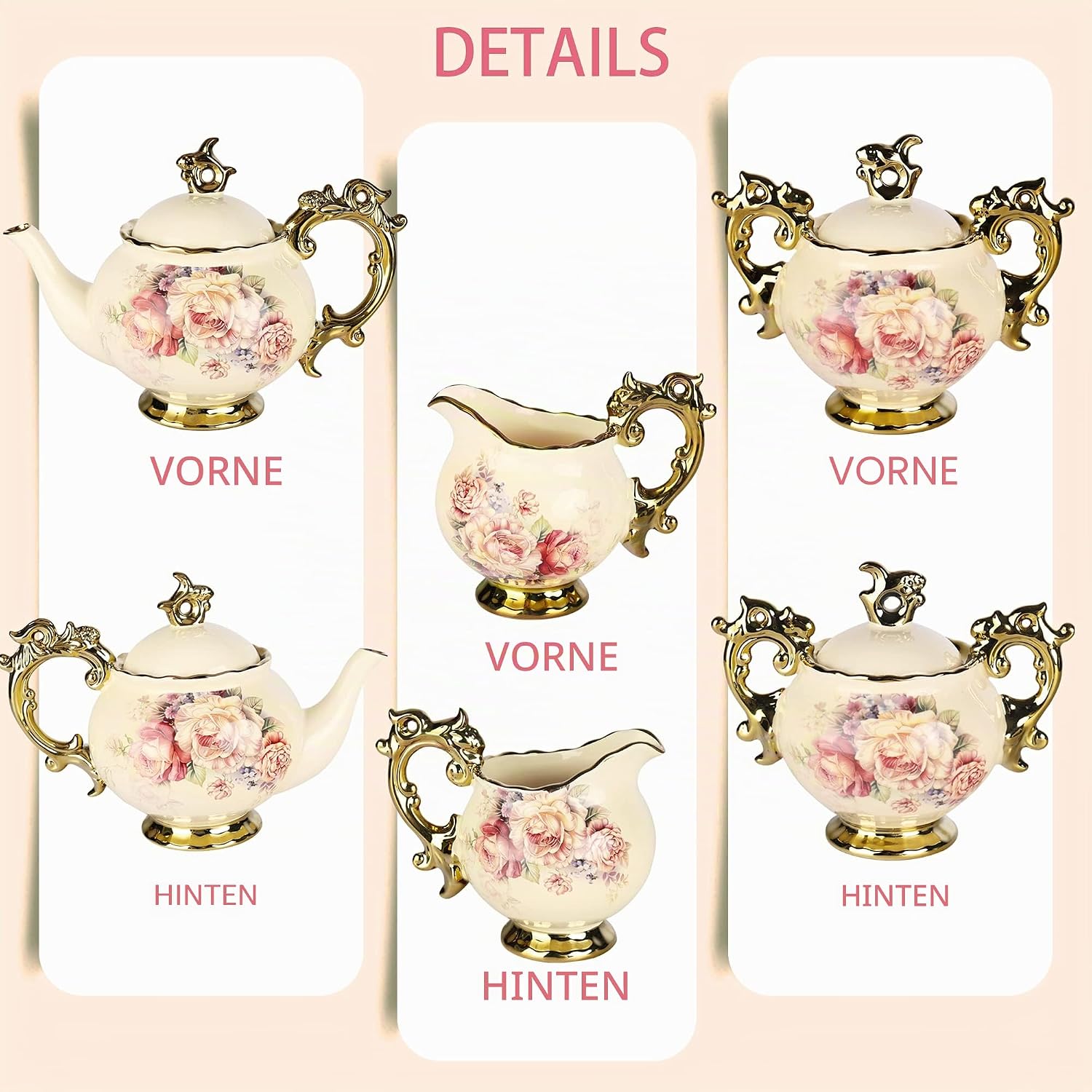 fanquare 15 Pieces Rose Flowers English Ceramic Tea Sets, Vintage China Coffee Set, Tea Service for Adults – Bild 6