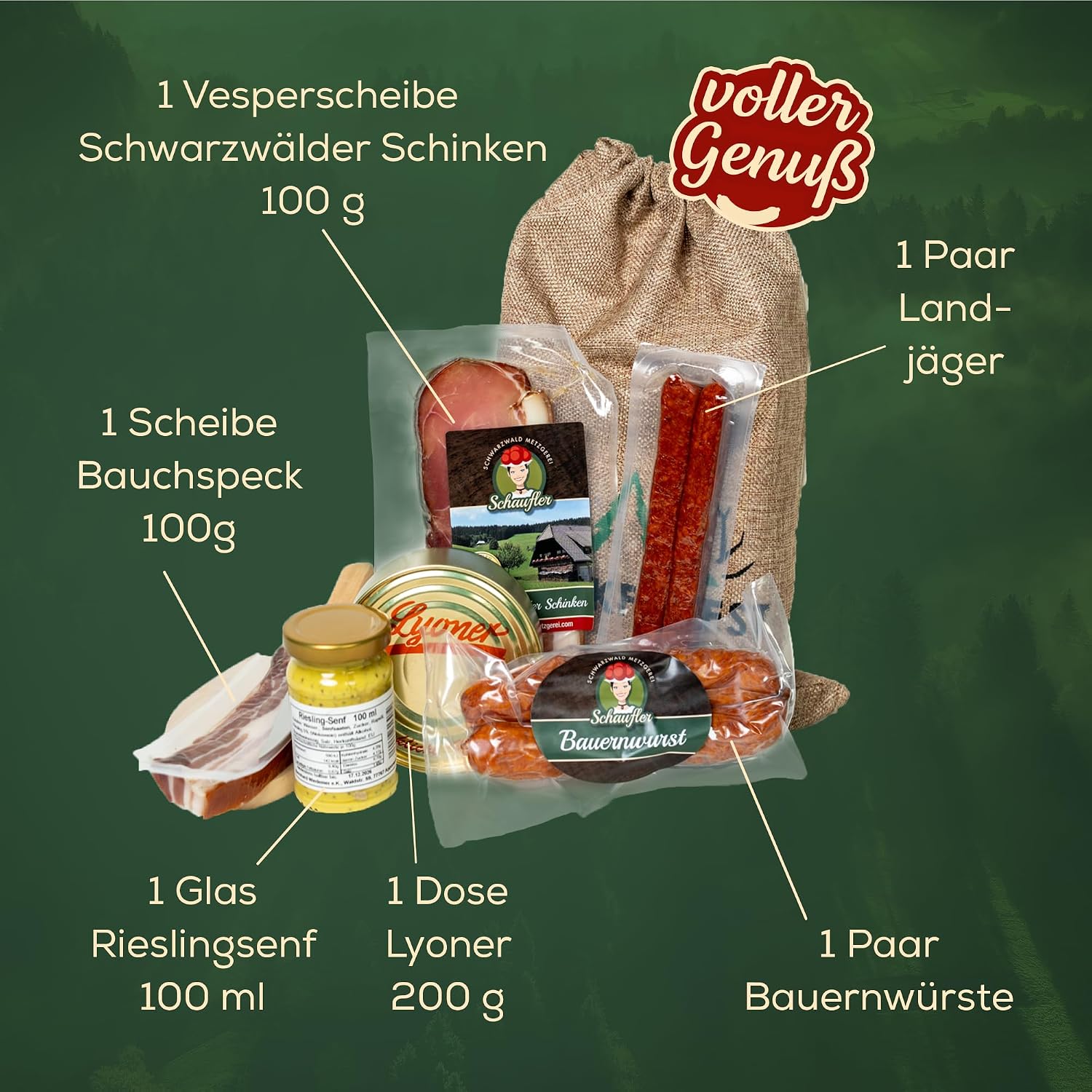 Black Forest Butcher's Board Rustic in Jute Bag Gift Idea Gift Basket with Farmer Sausages, Country Hunter, Mustard 8-Piece Set – Bild 3