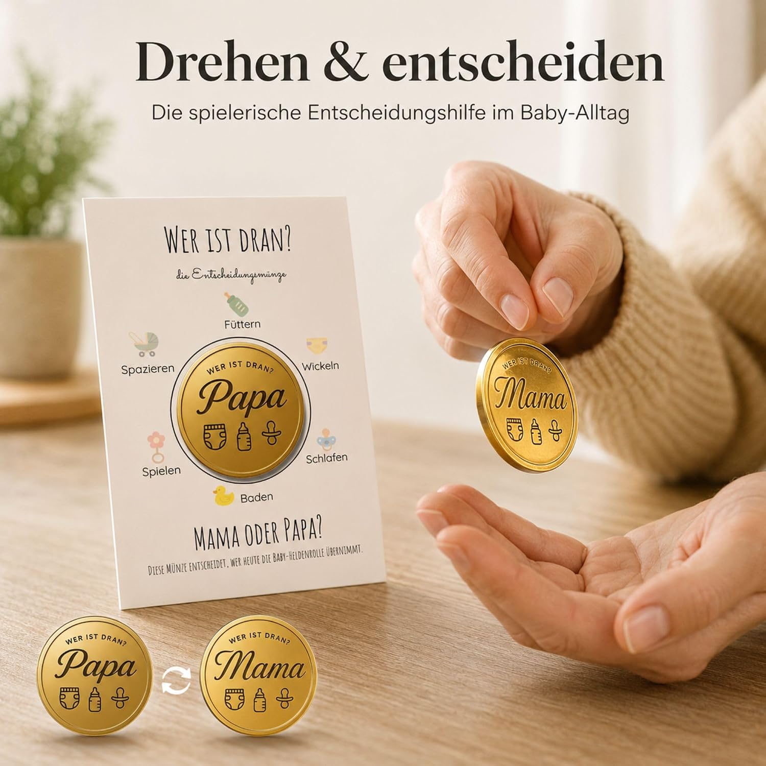Milaboo® Mum or Dad Decision Coin - Golden Coin (4.5 cm) with Card - Funny Gift for New Parents, Baby Shower, Birth & Family Life (Gold) – Bild 6