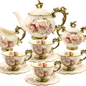 fanquare 15 Pieces Rose Flowers English Ceramic Tea Sets, Vintage China Coffee Set, Tea Service for Adults