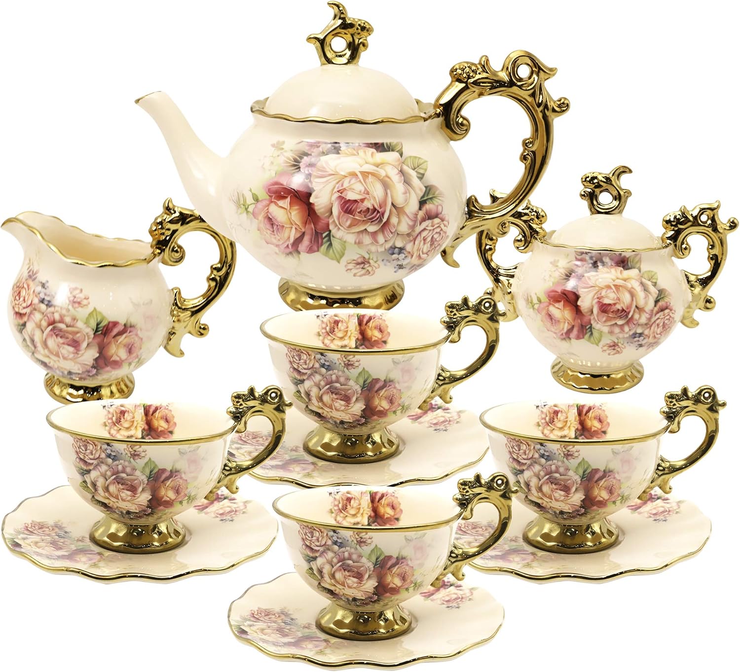 fanquare 15 Pieces Rose Flowers English Ceramic Tea Sets, Vintage China Coffee Set, Tea Service for Adults