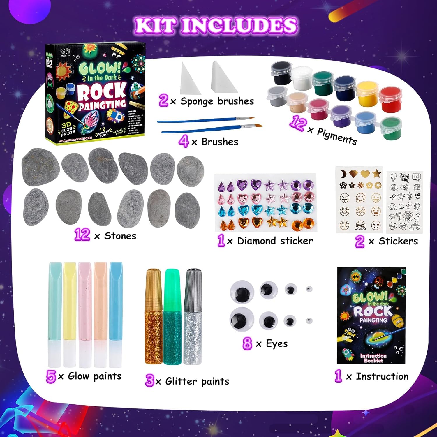 Stones for Painting, Craft Set Children from 5 6 7 8 9 10 Years Gift Girls 6-12 Years Crafts Girls 6-9 Years Easter Gift 12 Pieces Stones Painting Set with 20 Colours (Colour Glows in the Dark) – Bild 5