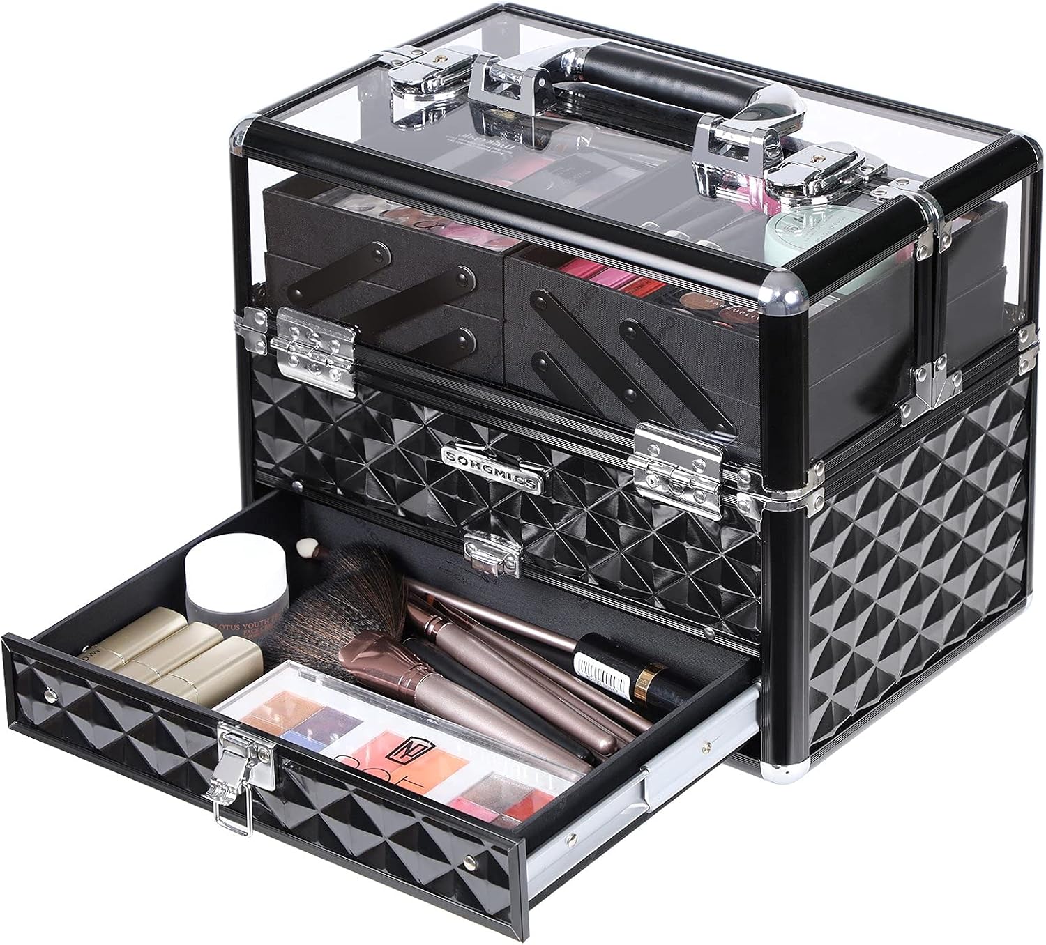 SONGMICS JBC318B Professional Cosmetics Case, Multi-Tiered Cosmetic Storage Case, Transparent Acrylic Glass, Folding Compartments, XL – Bild 2
