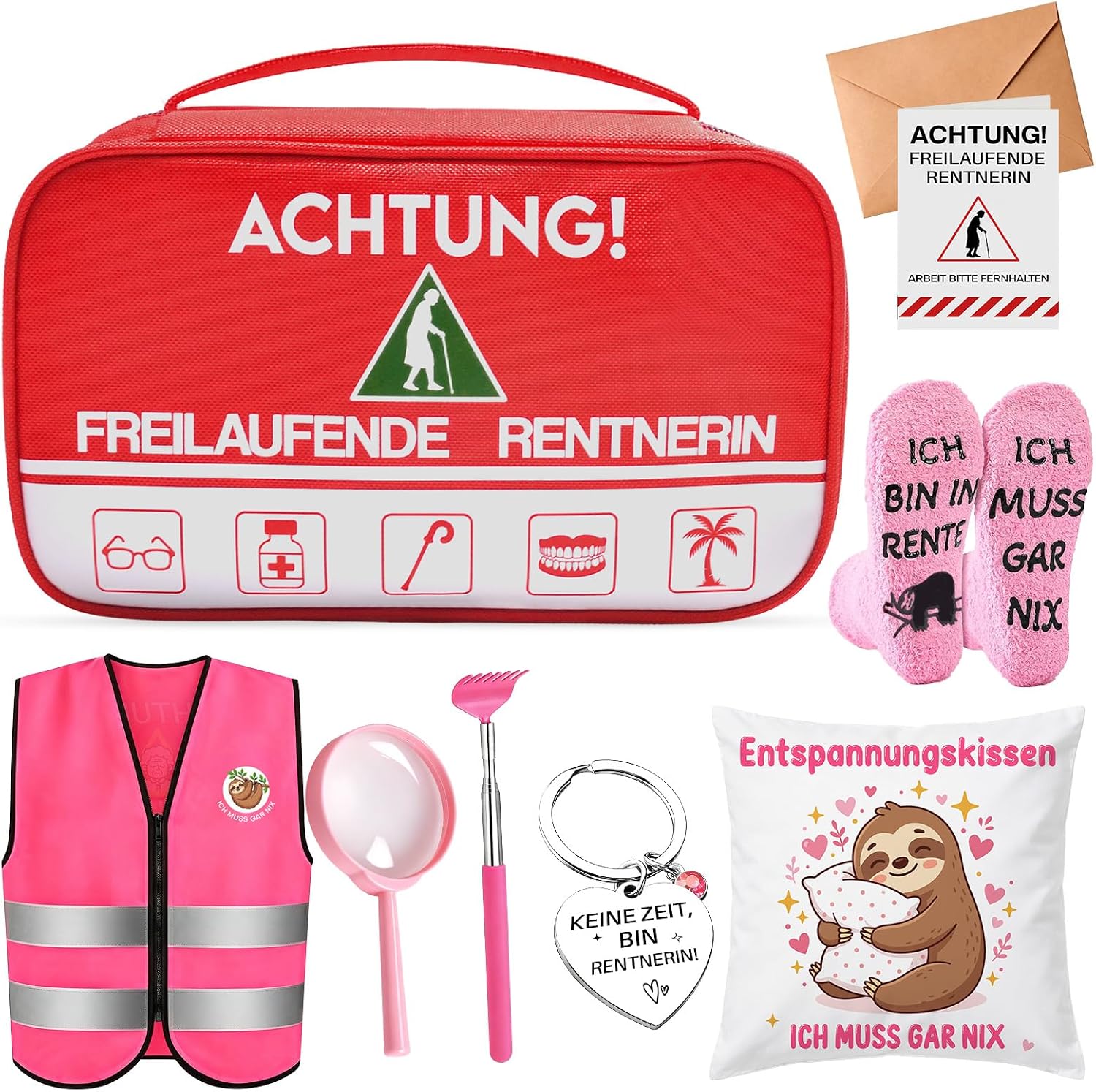 MaciRept Pensioner Gift Woman, Retirement Gift Set Woman with Greeting Card, Handbag, Magnifying Glass, Decorative Cushion Covers, Funny Socks, Farewell Gift, Colleagues, Funny Retirement Gift