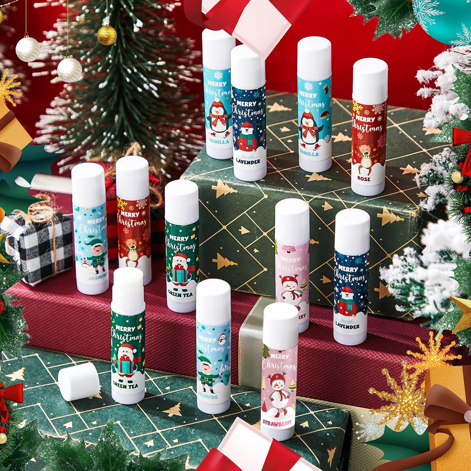 Queekay 24 Sets Christmas Lip Balm with Christmas Cards Organza Bags Advent Calendar 2025 Women Customer Gift Filling Small Gifts for Colleagues Employees Friends Family – Bild 3