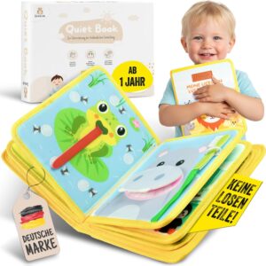 SpielLieb® Montessori Quiet Book from 1 Year - Busy Board from 1 Year with Animals - Quiet Book & Motor Skills Toy, Ideal Activity for Car Trips - Gift Boy & Girl (Yellow)