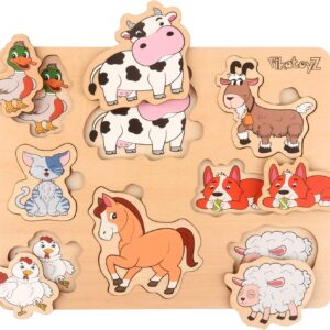Puzzle from 1 Year, 2 and 3 Years - Montessori Wooden Toy with Farm Animals - Children's Puzzle and Wooden Peg Game - Educational Game for Toddlers
