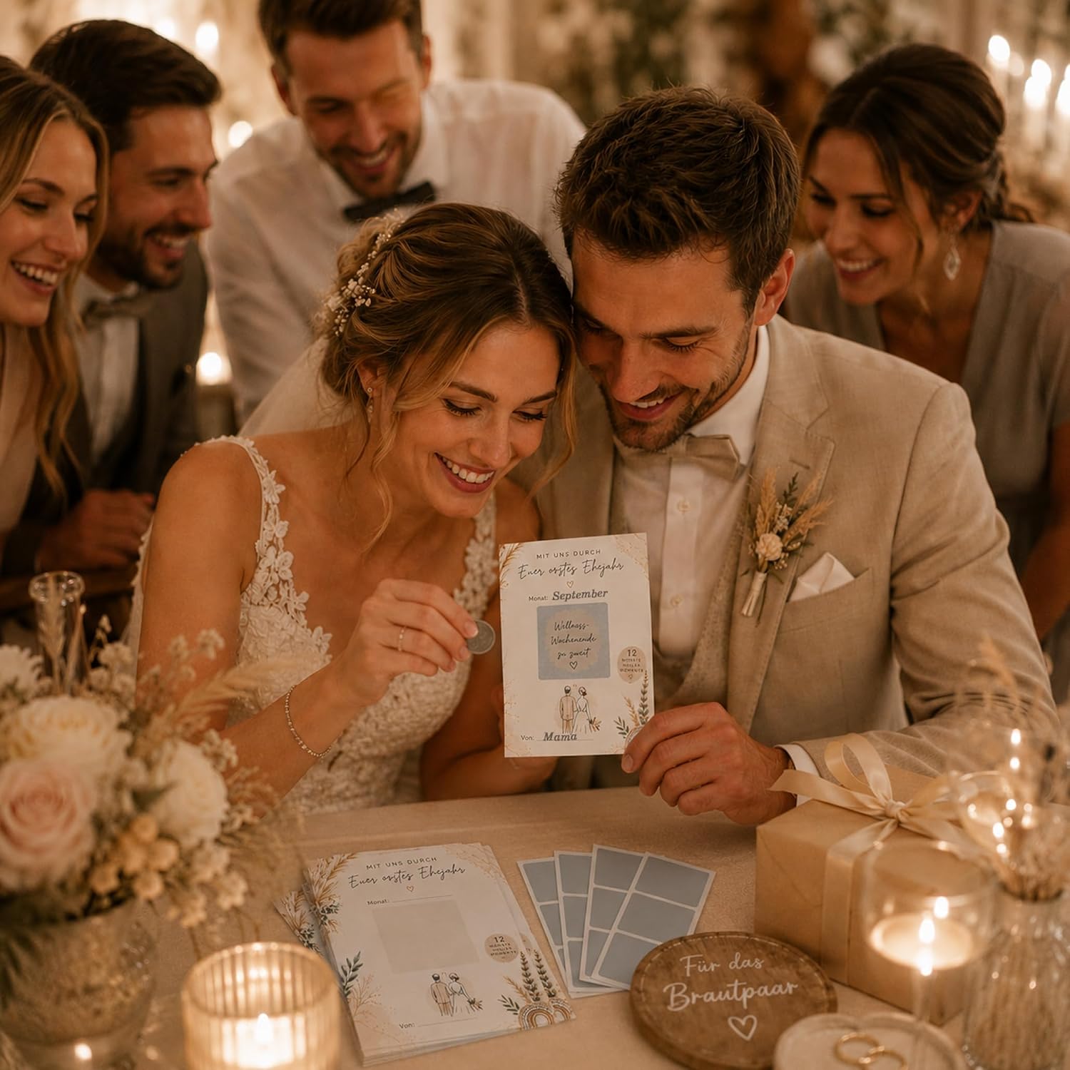 Krause & Sohn Wedding Game "Mit uns durch Euer erstes Ehejahr" 12 Cards with Scratch Stickers - Gift Idea for Wedding, Bride and Groom & Wedding Guests Voucher Set (Beige, Boho) – Bild 4