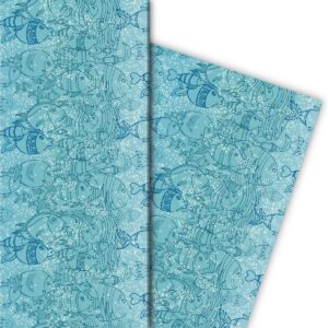 Aquarium Fish Tank Underwater Design Gift Wrapping Paper (4 Sheets) | Decor Paper with Fish for a perfect gift for a Christening, New Baby, Easter, birthdays, weddings, christmas and many more (32 x 48), Blue