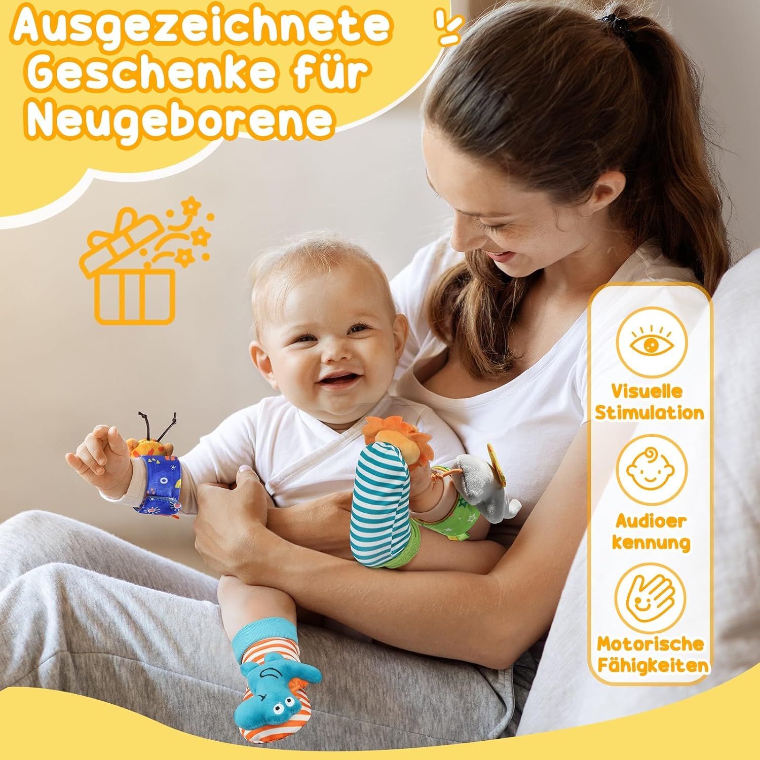 URMYWO 4 x rattle baby socks, baby toy, wrist and newborn toy for babies, girls, boys, early education toy for newborns, toddlers, toy for baby toys, 0-6 months – Bild 7