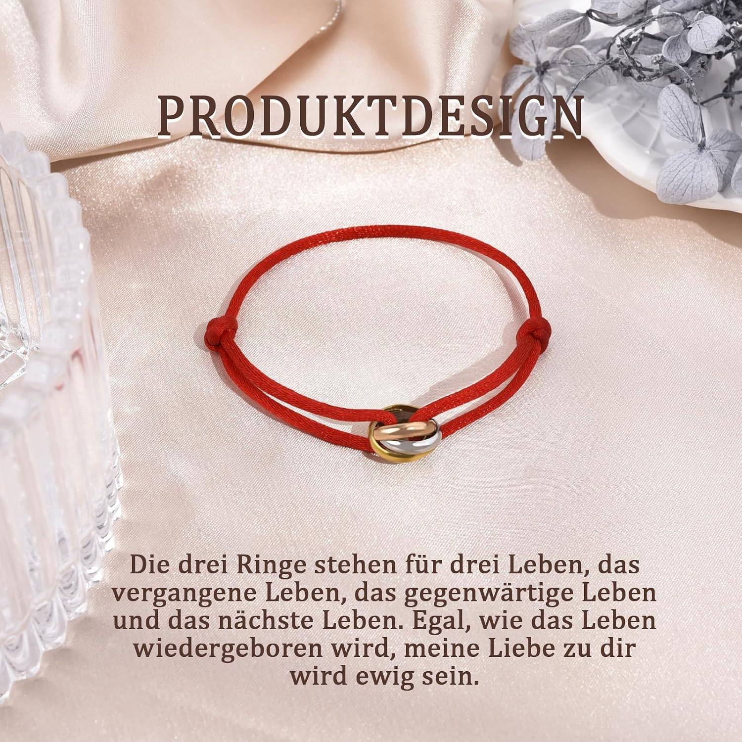 QianSiLi Three Tone Red Lucky Bracelet with Ring Bracelet for Men and Women Adjustable Stainless Steel – Bild 2