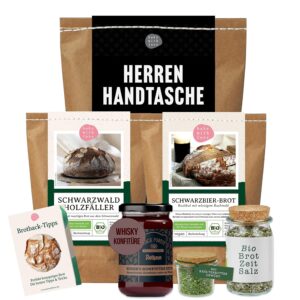 Men’s Handbag Delicatessen Gift Set – Gift Basket for Men with Organic Bread Baking Mixes, Whisky Jam and Spices – Men’s Gifts for Birthday & Souvenir for Barbecuing – Bake with Love