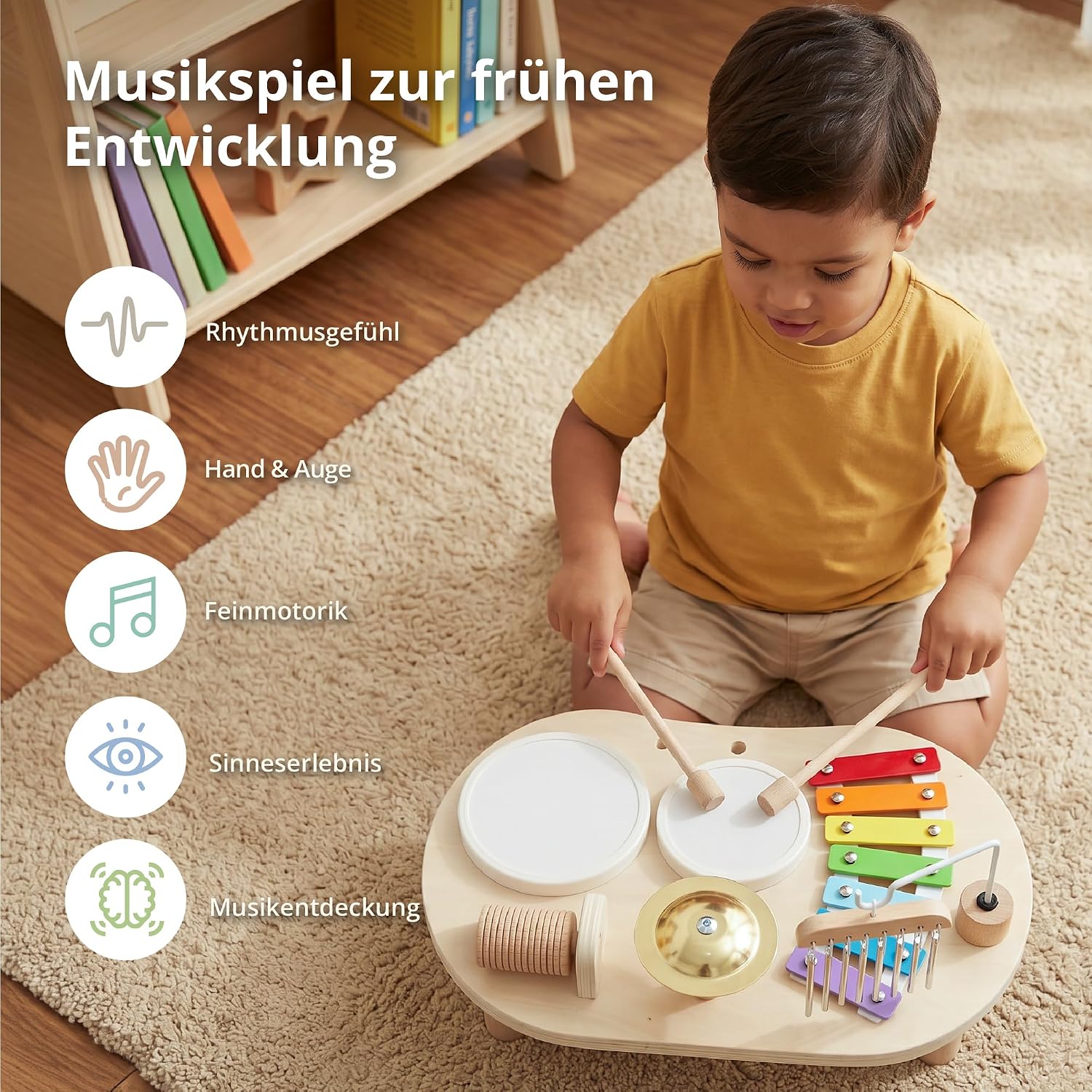 Wooden Drum Kit Baby Musical Toy with Drum, Xylophone and Percussion, Montessori Musical Instruments Gift for Boys and Girls – Bild 5