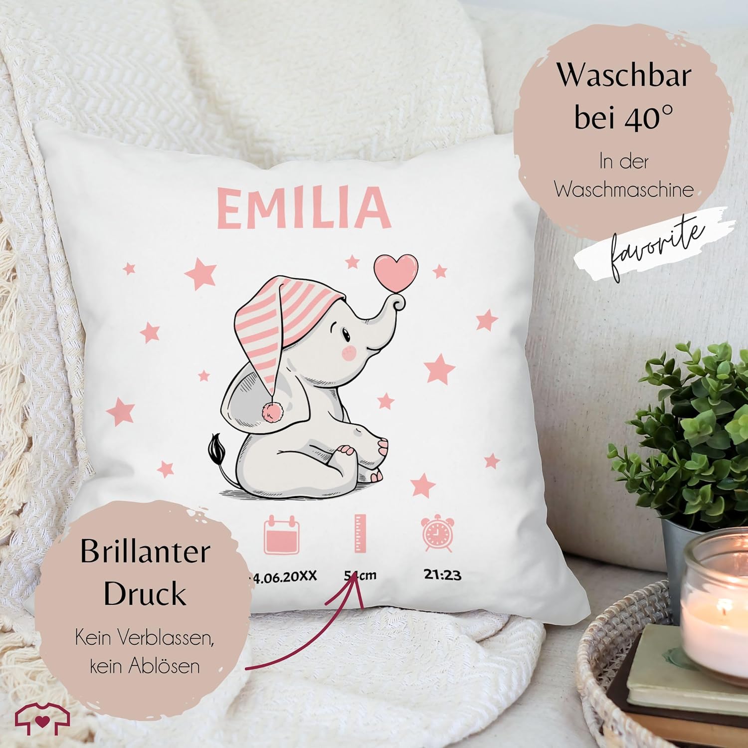 Cushion 40 x 40 cm Decorative Cushion - Elephant Birth Data with Name Gift for Birth Gift Idea I Money Gift for Birth - 40 x 40 cm - White - for Baby Personalised Baby Gift Birth Gift – Bild 6