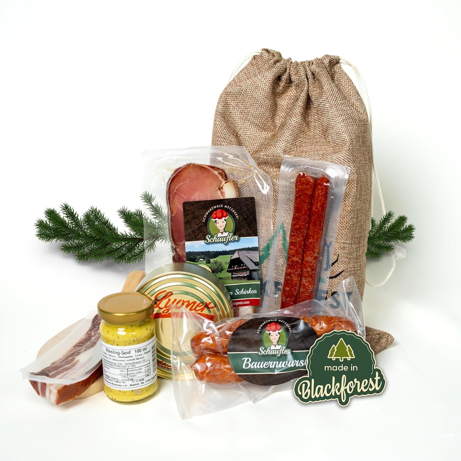 Black Forest Butcher's Board Rustic in Jute Bag Gift Idea Gift Basket with Farmer Sausages, Country Hunter, Mustard 8-Piece Set