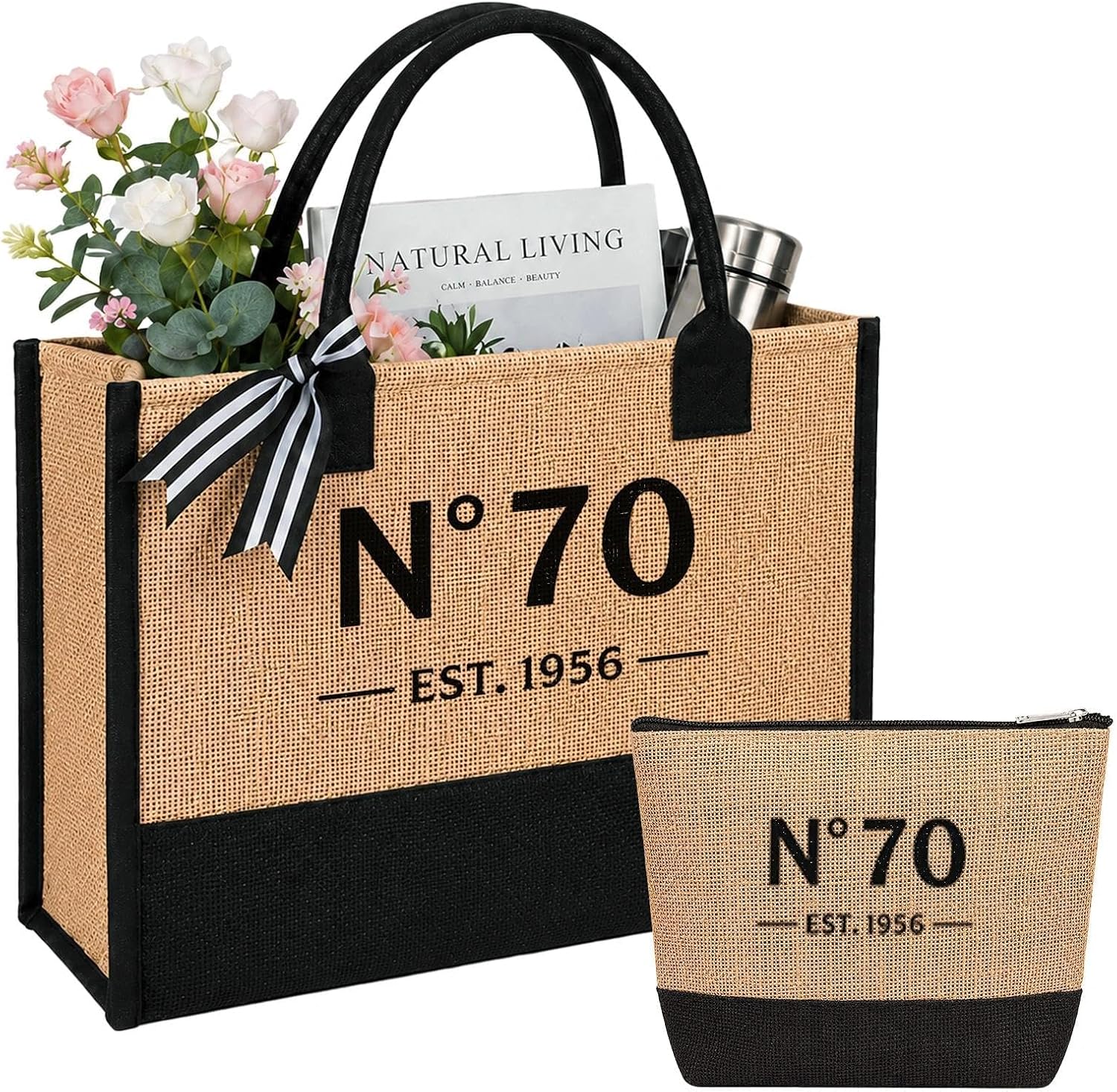 Birthday Gift Woman 40 50 60 70-2-Piece Vintage Jute Bag Set, Shopping Bag and Cosmetic Bag Set, Birthday Gifts for Women, Gift for Mum, Wife