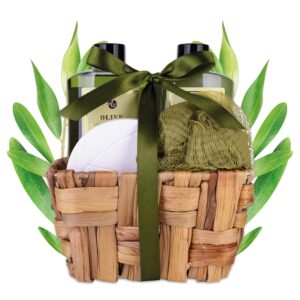 Accentra - Bath Set Gift Set for Women Olive in Seagrass Baskets, Shower Set Gift with Shower Gel, Bubble Bath, Bath Bomb and Mesh Sponge, 4-Piece Wellness Set for Women and Girls