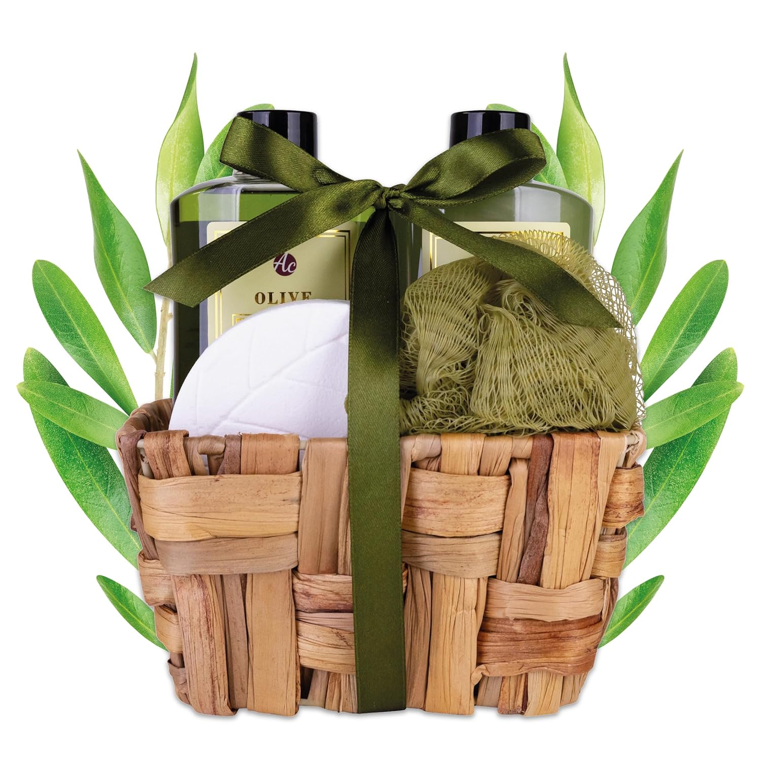 Accentra - Bath Set Gift Set for Women Olive in Seagrass Baskets, Shower Set Gift with Shower Gel, Bubble Bath, Bath Bomb and Mesh Sponge, 4-Piece Wellness Set for Women and Girls